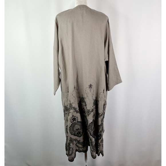 Eskandar Linen Jacket Size 0 Taupe Duster Long Open Front Embroidered Lagenlook - Picture 5 of 12